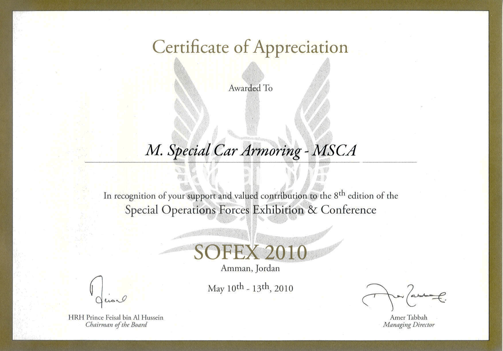M.S.C.A - SOFEX Certificate